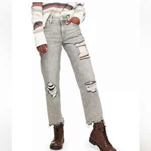 High-Rise Straight Leg Distressed Jeans
